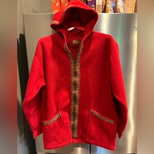 RED ALPS long Fleece Zip Jacket FLORAL Tapestry TRIM Coat Hooded Pockets women L